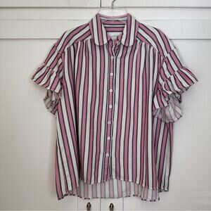 The Great Pink Stripe Ruffle Sleeve Top 0